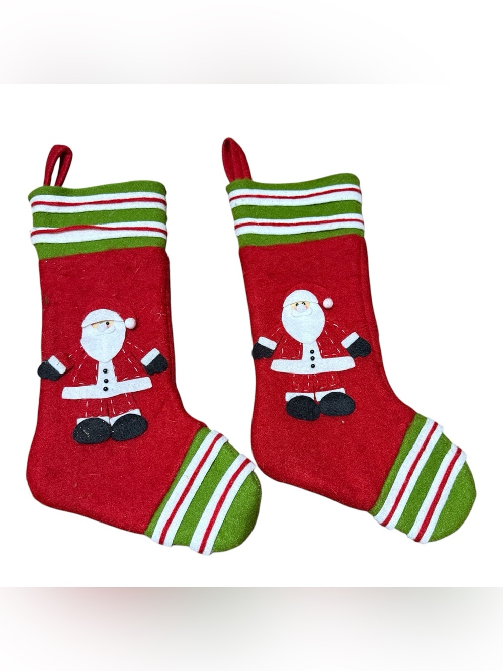 Christmas Stockings Set Of 2 Santa Claus Applique Striped Cuffs
